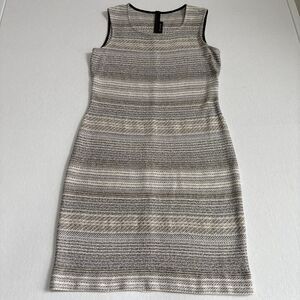 St John Tweed Knit Sheath Dress Women's 14 White Black Striped Metallic Elegant